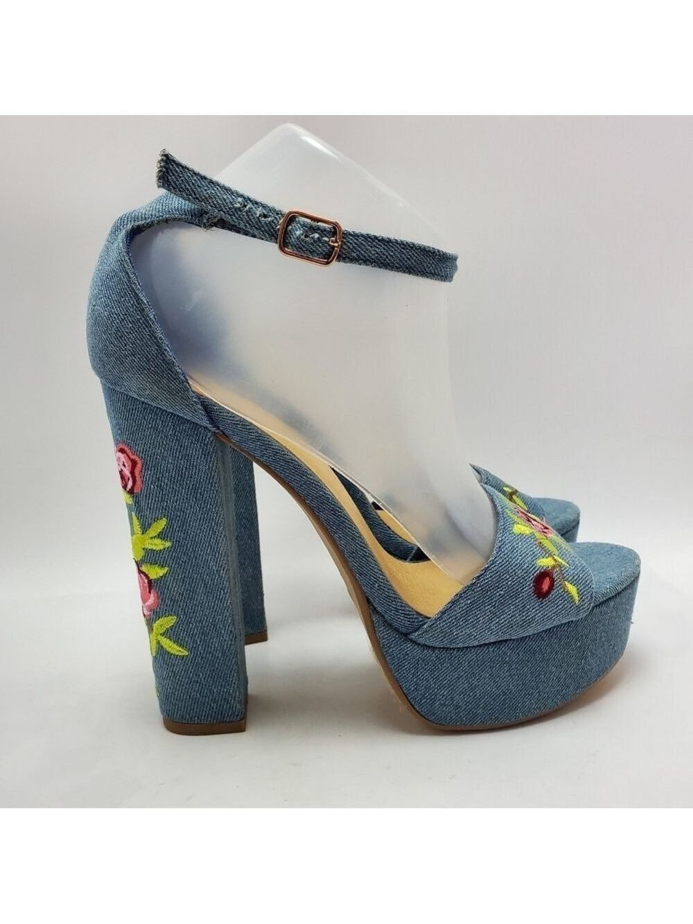 Heart in D Blue Denim Floral Embroidered Platform Heels Sandals Size 8